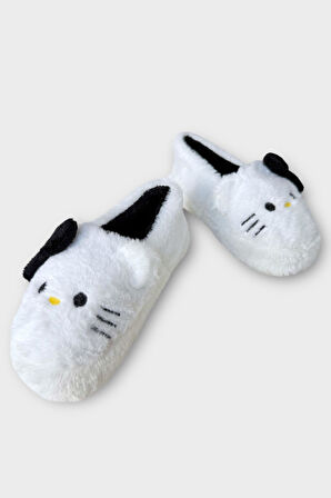 Kışlık Kadın HelloKitty Figürlü Kaydırmaz Taban Ev Ayakkabısı Panduf BEYAZ - SİYAH