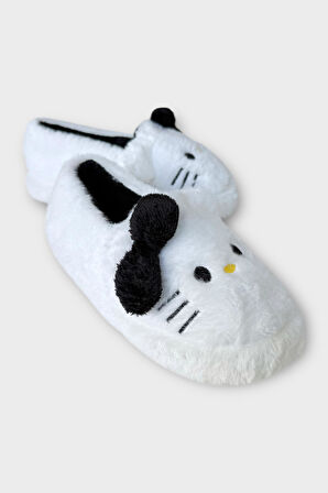 Kışlık Kadın HelloKitty Figürlü Kaydırmaz Taban Ev Ayakkabısı Panduf BEYAZ - SİYAH