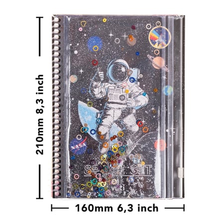Vuki Kalemlikli Not Defteri 48 Sayfa Çizgili Simli ve Sulu Kapaklı Kalem Kutulu A5 Defter Astronot Vk-0112-05