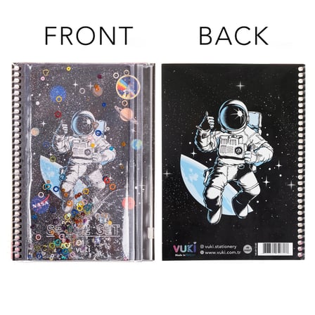Vuki Kalemlikli Not Defteri 48 Sayfa Çizgili Simli ve Sulu Kapaklı Kalem Kutulu A5 Defter Astronot Vk-0112-05