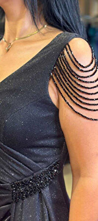 Siyah  Kalın Askı Boncuk İşlemeli  Yırtmaçlı Düz Kesim Simli Uzun Abiye Elbise 7599