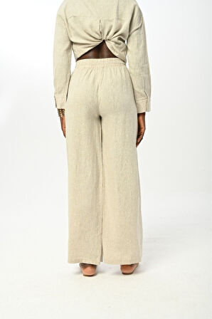 KADIN BELİ LASTİKLİ BOL PAÇA DÜZ NATUR RENK PANTOLON