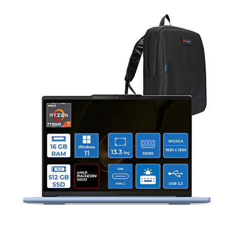 Lenovo Ideapad Slim 5 Amd Ryzen 7 7735HS 16GB LPDDR5X 512GB SSD Amd Radeon 680M Graphics Freedos 13.3" Wuxga IPS 400NITS Taşınabilir Bilgisayar MD83J2003QTRTF01 + Zettaçanta