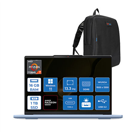 Lenovo Ideapad Slim 5 Amd Ryzen 7 7735HS 16GB LPDDR5X 1tb SSD Amd Radeon 680M Graphics Freedos 13.3" Wuxga IPS 400NITS Taşınabilir Bilgisayar MD83J2003QTRTF02 + Zettaçanta
