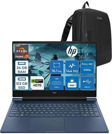 Victus 16-S0007NT Ryzen 7 7840HS 24GB Ddr5 512GB SSD 8GB/RTX4070/120W 16.1" 144Hz IPS Fhd Freedos Taşınabilir Bilgisayar HP7Z581EAF04 + Zettaçanta