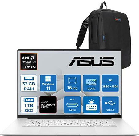 Asus Zenbook S16 Ryzen Aı 9 Hx 370 32GB Ddr5 1tb SSD Amd Radeon 890M WIN11PRO 16" 3k OLED 120Hz 500NITS Taşınabilir Bilgisayar UM5606WATP02 + Zettaçanta