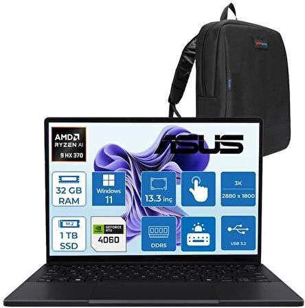 Asus Proart PX13 Ryzen Aı 9 Hx 370 32GB Ddr5 1tb SSD 8GB/RTX4060 WIN11PRO 13.3" 3k OLED 60Hz 500NITS Dokunmatik Taşınabilir Bilgisayar HN7306WVP02 + Zettaçanta