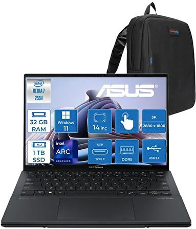 Asus Zenbook Duo Intel Core Ultra 7 255H 32GB Ddr5 1tb SSD Intel Arc Graphics WIN11PRO 14" 3k OLED 120Hz 500NITS Dokunmatik Taşınabilir Bilgisayar UX8406CAP02 + Zettaçanta