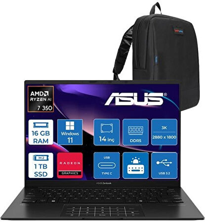 Asus Zenbook 14 OLED Ryzen Aı 7 350 16GB Ddr5 1tb SSD Intel Arc Graphics WIN11PRO 14" Wuxga OLED 600NITS Taşınabilir Bilgisayar UM3406KAP02 + Zettaçanta