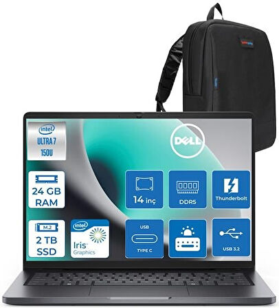 Dell Pro 14 Intel Core 7 150U 24GB Ddr5 2tb SSD Intel Graphics 14" Fhd+ IPS 300NITS Windows 11 Home Taşınabilir Bilgisayar PC14250C7165H07 + Zettaçanta