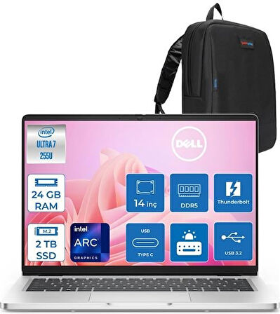 Dell Pro 14 Intel Core 7 255U 24GB Ddr5 2tb SSD Intel Arc Graphics 14" Fhd+ IPS 300NITS Windows 11 Pro Taşınabilir Bilgisayar PC14250BTO107H07 + Zettaçanta