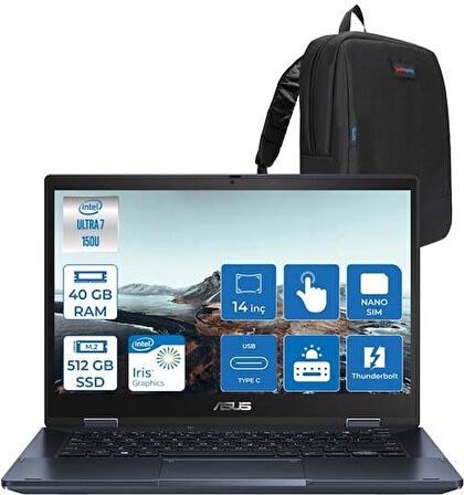 Asus Expertbook Intel Core Ultra 7 150U 40GB 512GB SSD Intel Iris x Graphics 14" Fhd 4g Sim Windows 11 Pro Dokunmatik Taşınabilir Bilgisayar B3402FVAH13 + Zettaçanta