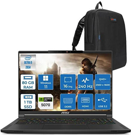 Msı Stealth 16 Aı Ultra 9 285H 80GB Ddr5 1tb SSD 8GB/RTX5070/95W 16" Qhd+ 240hz OLED Windows 11 Pro Taşınabilir Bilgisayar A2HWGGH22 + Zettaçanta