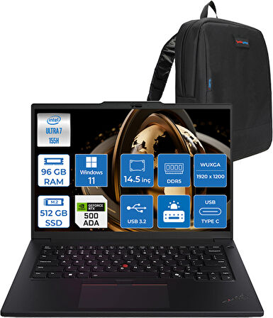 Lenovo Mws P14S V5 Ultra 7 155H 96GB Ddr5 512GB SSD 4GB/RTXA500 14.5" Wuxga IPS 300NITS Windows 11 Pro Taşınabilir Bilgisayar 21G2004TTXH21 + Zettaçanta
