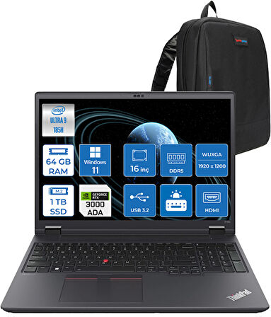 Lenovo Mws P16V V2 G5 Ultra 9 Vpro 185H 64GB Ddr5 1tb SSD 8GB/RTXA3000 16" Wuxga IPS 300NITS Windows 11 Pro Taşınabilir Bilgisayar 21KX001STXH22 + Zettaçanta