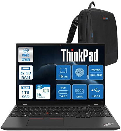 Lenovo Thinkpad T16 Gen 2 Intel Core I5 1335U 32GB Ddd5 1tb SSD 16" Wuxga IPS 300NITS Freedos Masaüstü Bilgisayar 21HH002PTXF09 + Zettaçanta