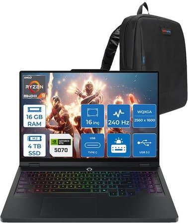 Lenovo Legion Pro 5 16ADR10 Amd Ryzen 9 8940HX 16GB Ddr5 4tb SSD 8GB/RTX50700/115W 16" Wqxga IPS 500NITS 240Hz Windows 11 Home Taşınabilir Bilgisayar 83LT0046TRH04 + Zettaçanta