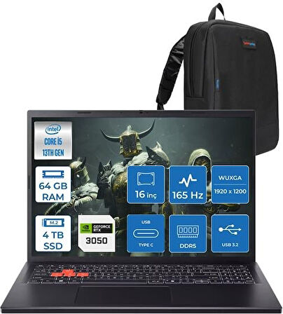 Acer Nitro Lite Intel Core I5 13420H 64GB Ddr5 4tb SSD 6GB/RTX3050/45W 16" Wuxga IPS 165Hz Freedos Taşınabilir Bilgisayar NHDAAEY001F24 + Zettaçanta