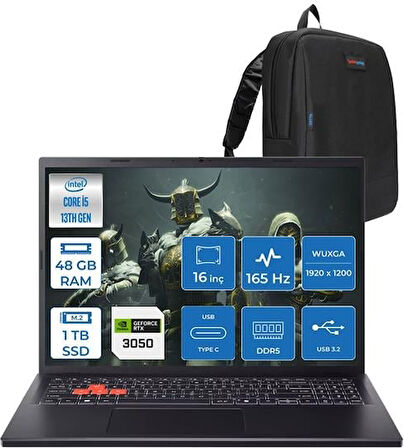Acer Nitro Lite Intel Core I5 13420H 48GB Ddr5 1tb SSD 6GB/RTX3050/45W 16" Wuxga IPS 165Hz Windows 11 Home Taşınabilir Bilgisayar NHDAAEY001H18 + Zettaçanta
