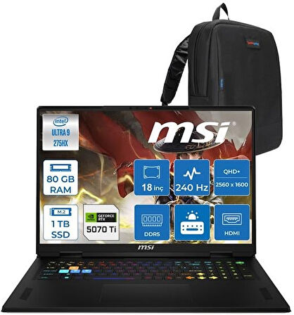 MSI Vector 18 Hx Aı Intel Core Ultra 9 275HX 80GB Ddr5 1tb SSD 12GB/RTX5070TI/140W 18" QHD+(2560X1600) 240Hz IPS Freedos Taşınabilir Bilgisayar A2XWHGTIF22 + Zettaçanta