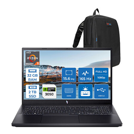 Acer Nitro V 15 ANV15-41 Ryzen 5 6600H 32GB 2tb SSD 6GB/RTX3050/75W 15.6" Fhd 165Hz Windows 11 Home Taşınabilir Bilgisayar NHQSHEY005H11 + Zettaçanta