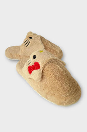 Kışlık Kadın HelloKitty Figürlü Kaydırmaz Taban Ev Ayakkabısı Panduf KAHVERENGİ