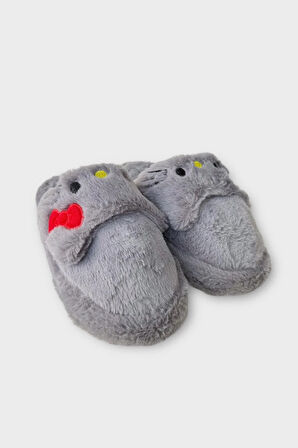 Kışlık Kadın HelloKitty Figürlü Kaydırmaz Taban Ev Ayakkabısı Panduf FÜME