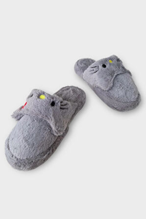 Kışlık Kadın HelloKitty Figürlü Kaydırmaz Taban Ev Ayakkabısı Panduf FÜME