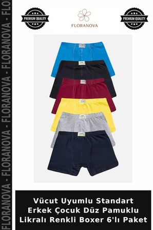 Vücut Uyumlu Standart Erkek Çocuk Düz Pamuklu Likralı Renkli Boxer 6'lı Paket