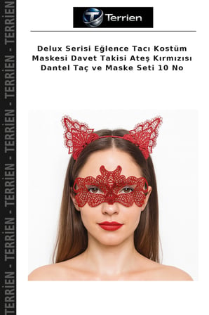 Delux Serisi Eğlence Tacı Kostüm Maskesi Davet Takisi Ateş Kırmızısı Dantel Taç ve Maske Seti 10 No