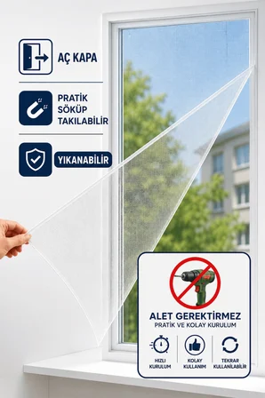 Beyaz Hazır Sineklik Tülü (75X125 CM) Çift Kat Sök Tak Pratik Yıkanabilir Pencere Kapı Sinekliği