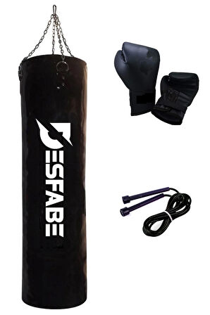 Desfabe Boxing Star 120x32 Cm Zincirli Boks Kum Torbası Siyah+Boks Eldiveni+Atlama İpi