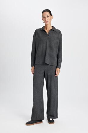 Wide Leg Geniş Paça Eşofman Altı Normal Bel Fitilli Kaşkorse Kumaş Basic Düz