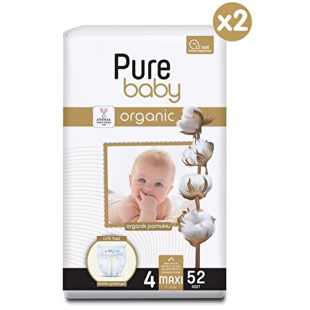 Pure Baby Organik Pamuklu Cırtlı Bez 2'Li Paket 4 Numara Maxi 104 Adet