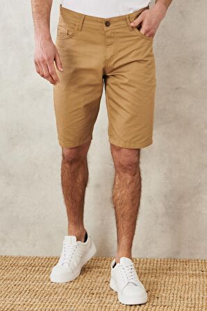 Erkek Camel Slim Fit Dar Kesim Armürlü %100 Pamuk Casual Chino Şort