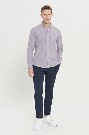 Erkek Hardal Slim Fit Dar Kesim Düğmeli Yaka Pamuklu Kareli Gömlek