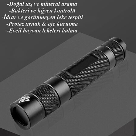 Şarjlı Mor UV Işık El Feneri 365nm Siyah Filtreli Cam Akrep, Değerli Taş ,Evcil Hayvan Pisliği İçin