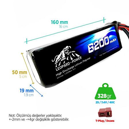 Leopard Power 6200 mAh 7.4V 2S 40C Lityum Polimer Lipo Batarya Pil T Plug