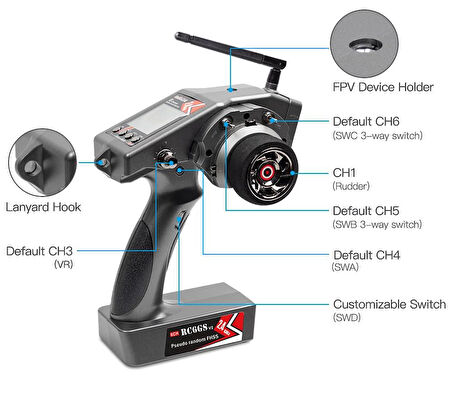 Radiolink RC6GS V3 2.4Ghz 7 Kanal Uzaktan Kumanda Radio Kontrol +R7FG Gyro Alıcı (600 Metre Kontrol Mesafesi)