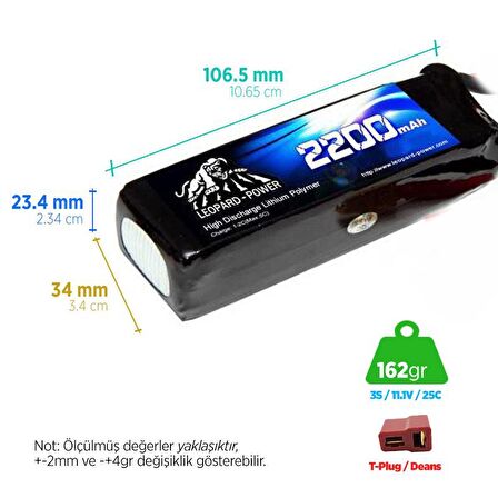 Leopard Power 2200 mAh 11.1V 3S 25C Lityum Polimer Lipo Batarya Pil T Plug