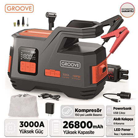 GROOVE JS006 26800mAh 3000A Akü Takviye Cihazı + Lastik Şişirme Kompresörlü Taşınabilir Jump Starter (Kompresör+Powerbank+Led Lamba+LCD Ekran)