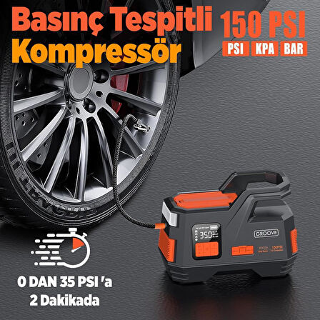 GROOVE JS006 26800mAh 3000A Akü Takviye Cihazı + Lastik Şişirme Kompresörlü Taşınabilir Jump Starter (Kompresör+Powerbank+Led Lamba+LCD Ekran)