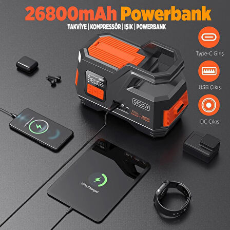 GROOVE JS006 26800mAh 3000A Akü Takviye Cihazı + Lastik Şişirme Kompresörlü Taşınabilir Jump Starter (Kompresör+Powerbank+Led Lamba+LCD Ekran)