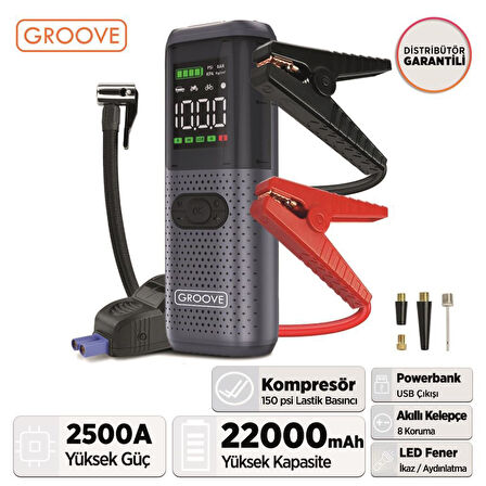 GROOVE HCB002 22000mAh 2500A Akü Takviye Cihazı + Lastik Şişirme Kompresörlü Taşınabilir Jump Starter (Kompresör+Powerbank+Led Lamba+LCD Ekran)