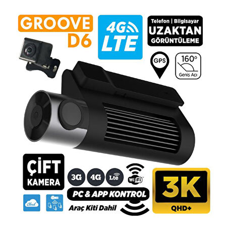 GROOVE D6 4G LTE 3K QHD Ön+Arka Araç İçi Kamera Sim Kart Destekli Uzaktan Erişim Canlı Takip|WiFi|GPS|160° Geniş Açı|G-Sensor|Çift Yönlü Konuşma|