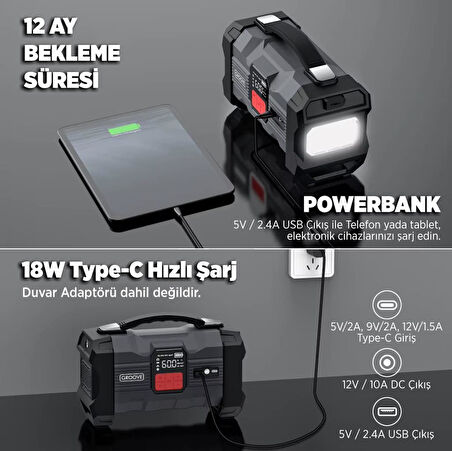 GROOVE ZK004 26800mAh 4500A Akü Takviye Cihazı +Lastik Şişirme Kompresörlü Taşınabilir Jump Starter (Kompresör+Powerbank+Led Lamba+LCD Ekran)