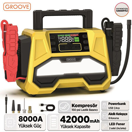 GROOVE F05 42000mAh 8000A Akü Takviye Cihazı +Lastik Şişirme Kompresörlü Taşınabilir Jump  Starter+PD 30W Hızlı Şarj (Kompresör+Powerbank+Led Lamba+LCD Ekran)