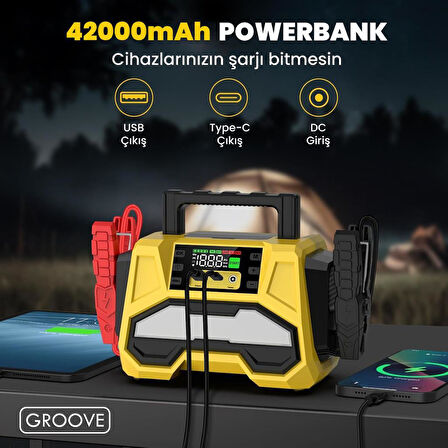 GROOVE F05 42000mAh 8000A Akü Takviye Cihazı +Lastik Şişirme Kompresörlü Taşınabilir Jump  Starter+PD 30W Hızlı Şarj (Kompresör+Powerbank+Led Lamba+LCD Ekran)
