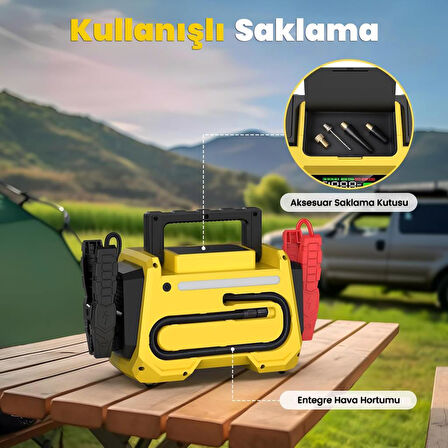 GROOVE F05 42000mAh 8000A Akü Takviye Cihazı +Lastik Şişirme Kompresörlü Taşınabilir Jump  Starter+PD 30W Hızlı Şarj (Kompresör+Powerbank+Led Lamba+LCD Ekran)