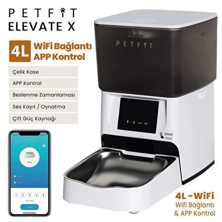Petfit Elevate X 4L Wi-Fi Akıllı Otomatik Kedi Köpek Mama Kabı Besleme Ünitesi (Sesli Komut+Çelik Kase+APP Kontrol)